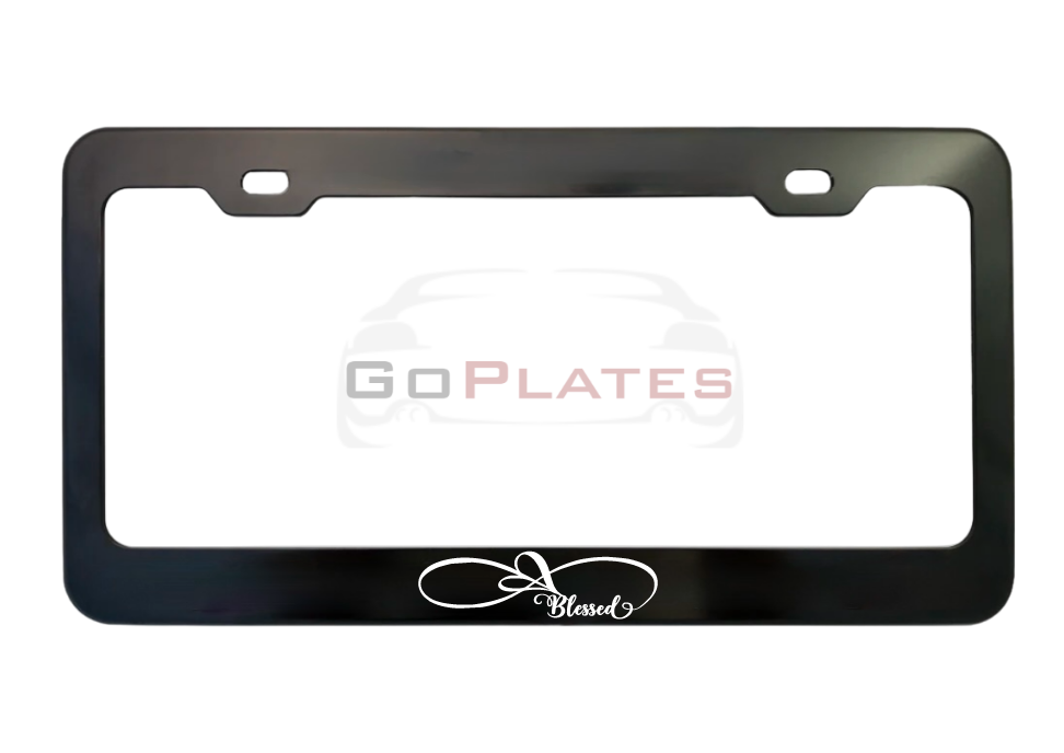 Blessed Infinity Heart black anodized aluminum license plate frame