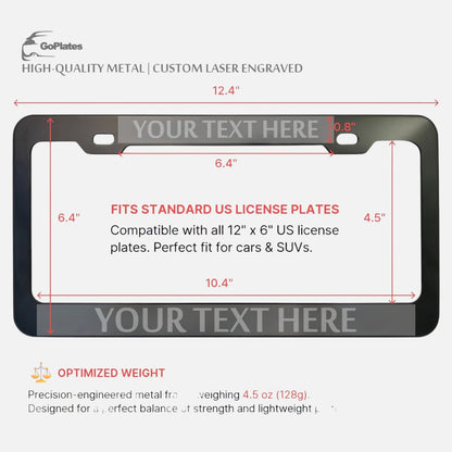 GoPlates custom black anodized aluminum license plate frame with dimensions and laser engraving area labels.