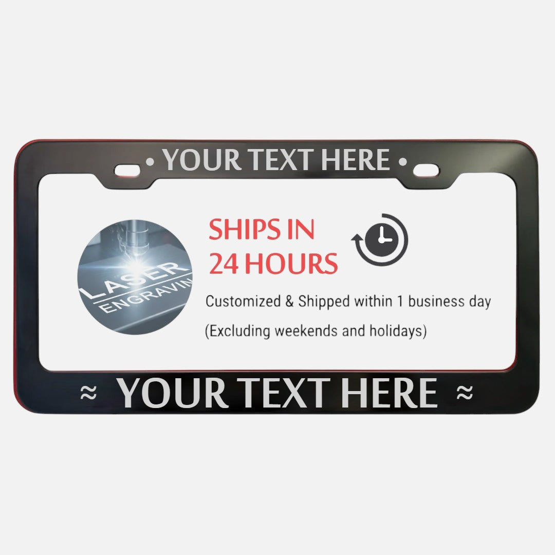 GoPlates custom black anodized aluminum license plate frame with laser engraving and 24-hour shipping information.