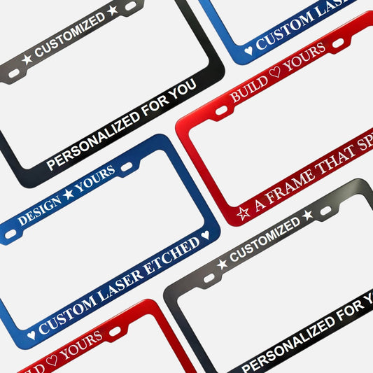 GoPlates custom laser engraved anodized aluminum license plate frames in black, blue, and red with personalized text.