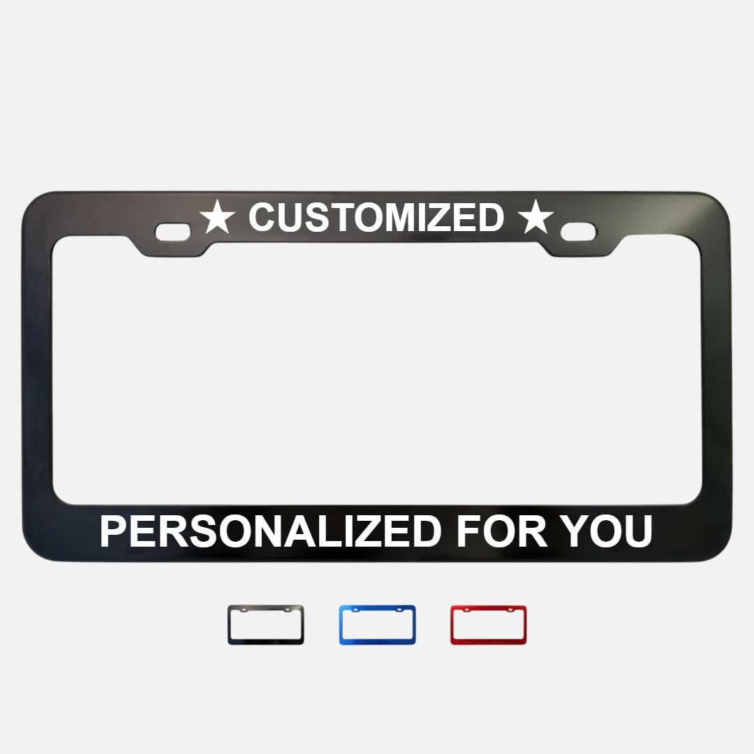 GoPlates custom black anodized aluminum license plate frame with laser engraved text and star icons