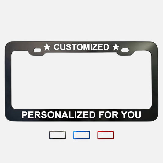 GoPlates custom black anodized aluminum license plate frame with laser engraved text and star icons
