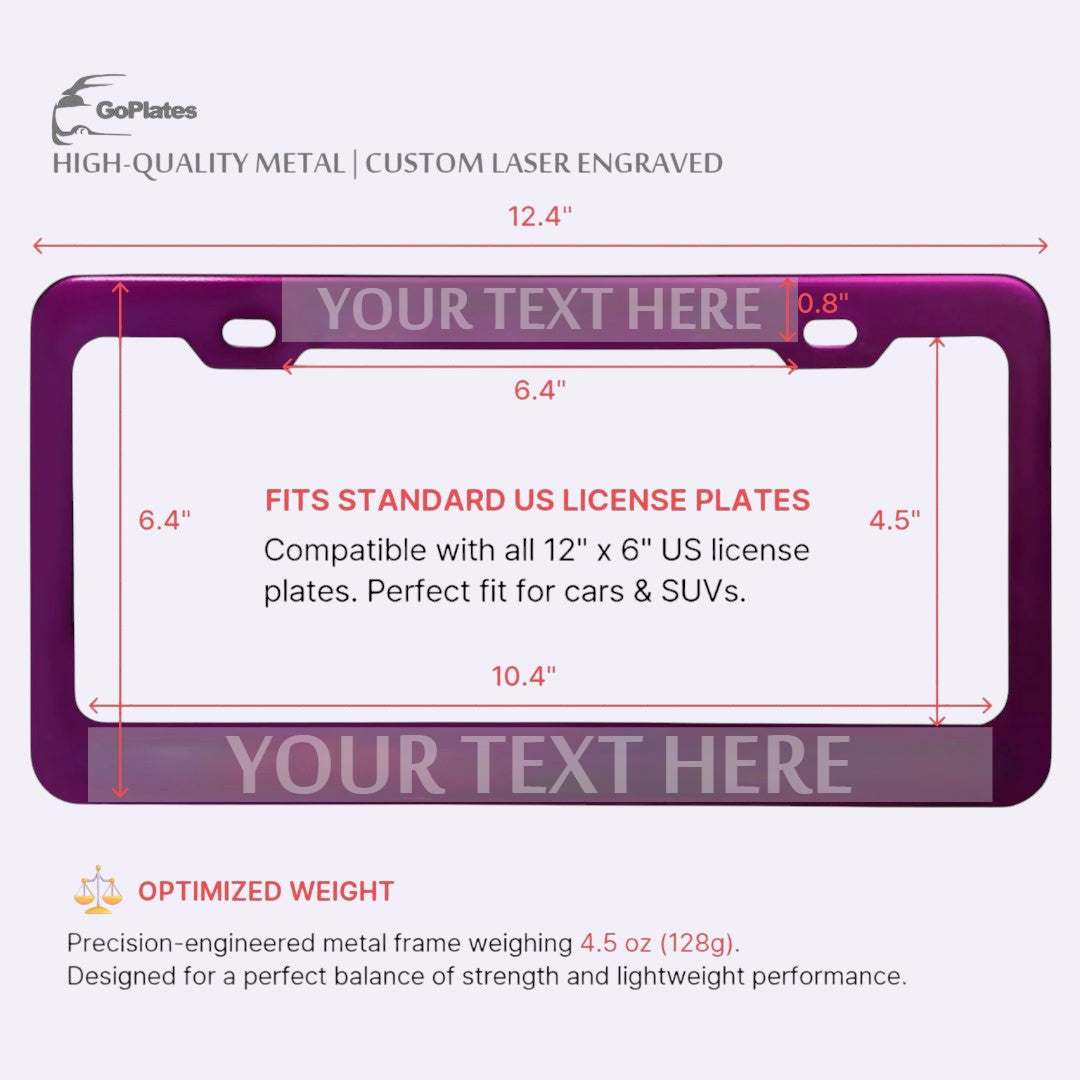 GoPlates custom purple anodized aluminum license plate frame with laser engraving areas for personalized text.
