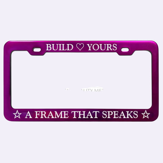 GoPlates custom purple anodized aluminum license plate frame with laser-engraved text and heart and star symbols.