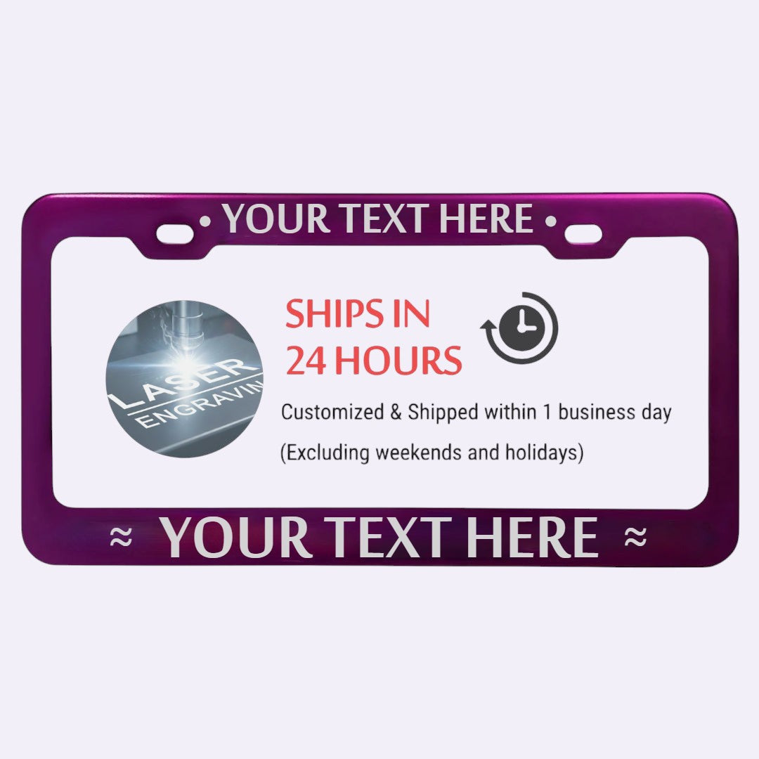 GoPlates custom purple anodized aluminum license plate frame with laser engraving and 24-hour shipping information.
