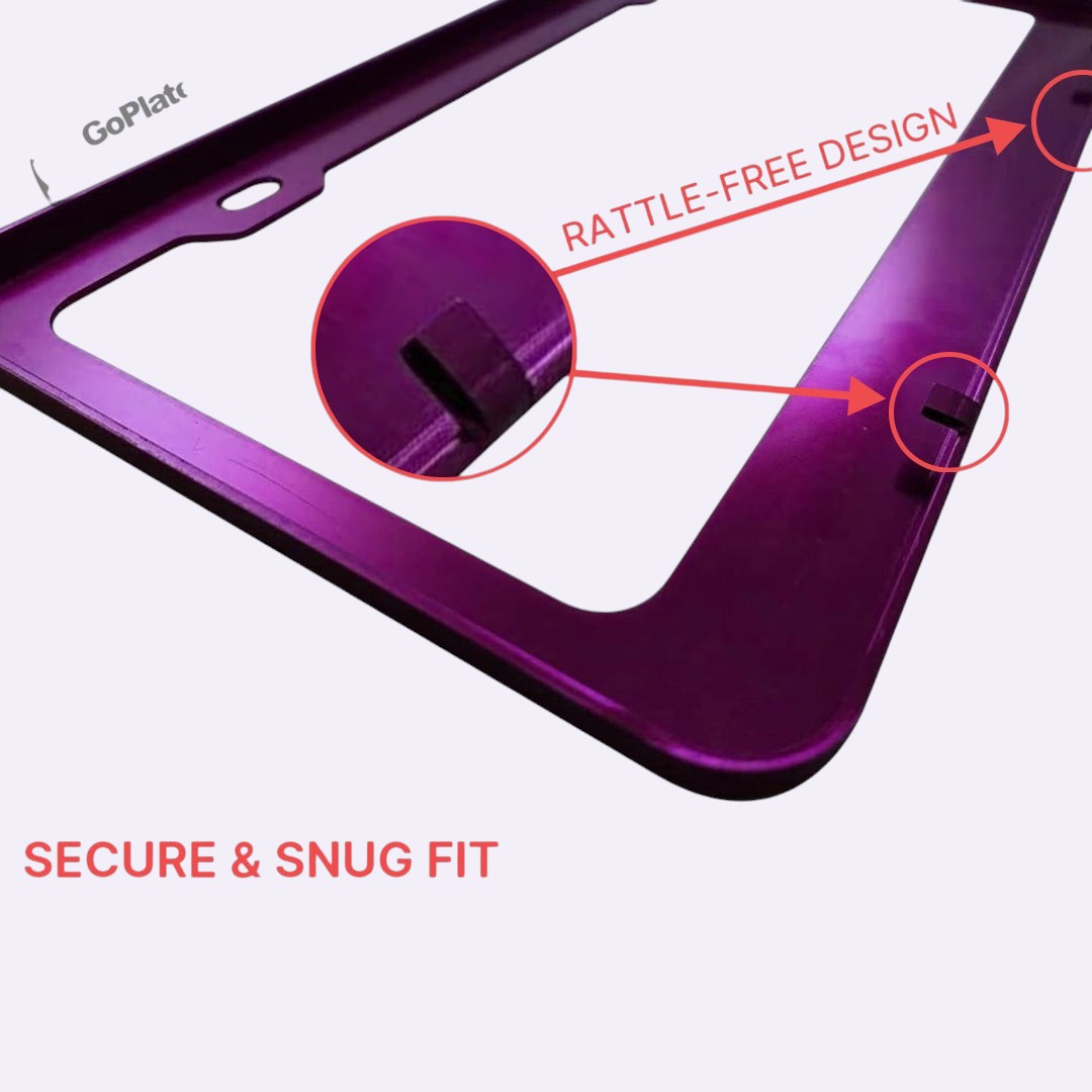 GoPlates purple anodized aluminum license plate frame featuring a rattle-free design for a secure and snug fit.
