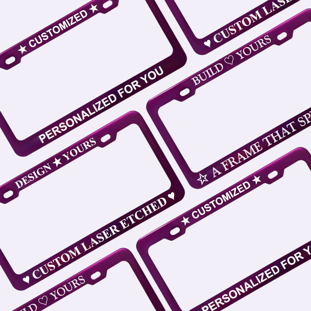 GoPlates purple anodized aluminum license plate frames with custom laser-engraved text and emoji designs.