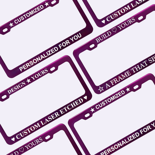 GoPlates purple anodized aluminum license plate frames with custom laser-engraved text and emoji designs.